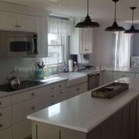 Bright, contemporary kitchen featuring white cabinetry, a spacious island, and large windows for natural illumination. Modern kitchen with white cabinets, island, and ample natural light.