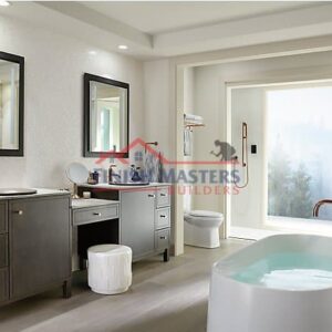 Contemporary bathroom featuring a bathtub, vanity, and large window for natural light. Bathroom renovation with modern fixtures and elegant design.