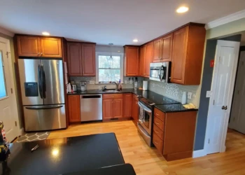 Transforming outdated cabinets with durable, furniture-grade finishes. <p>
See how Finish Masters transformed this kitchen during our
<a rel="noopener"
href="https://myfinishmasters.com/cabinet-painting-tewksbury-ma/"
style="color:#0073aa; font-weight:700;">
Cabinet Painting Tewksbury MA Project
</a>
using our professional cabinet painting process and durable furniture-grade coatings.
</p> Kitchen cabinet refinishing project in Tewksbury Massachusetts by Finish Masters Builders Corp applying a factory-finish cabinet coating