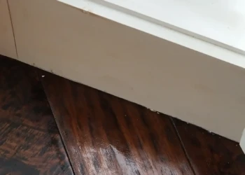 Close-up of dark stained hardwood floor planks under white kitchen cabinets in a Newton MA home.