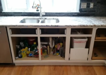 Kitchen cabinets refinish project in Sudbury MA with cabinetry under granite countertop and open doors showing storage