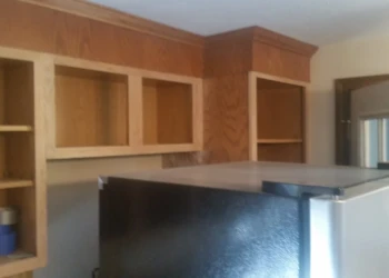Unpainted wooden kitchen cabinets without doors installed above countertop in Westford kitchen
