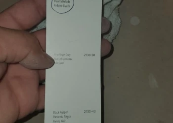 Hand holding paint chip swatch with circled color 'Iced Slate' from Benjamin Moore paints